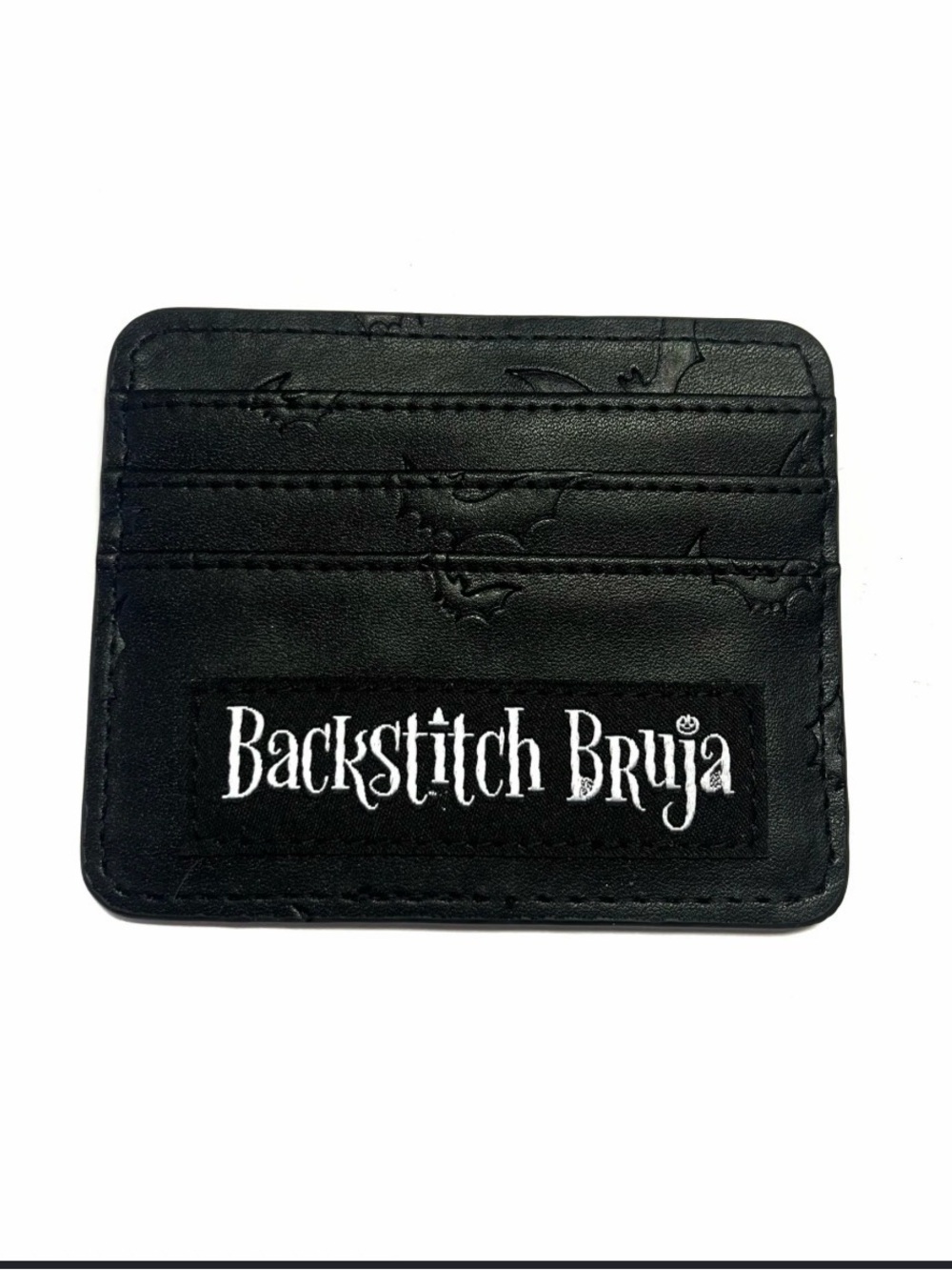 Backstitch bruja micro wallet Black Card ID Holder with Bat Design